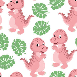 Cute Pink Dinosaur Smiling Pattern Art Wallpaper