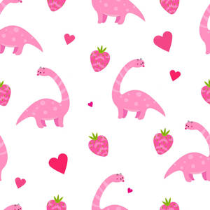 Cute Pink Dinosaur Strawberries And Hearts Pattern Wallpaper