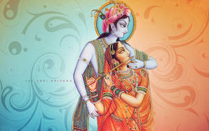 Cute Radha Krishna Blue Orange Background Wallpaper