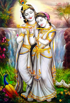Cute Radha Krishna Waterfall Art Wallpaper