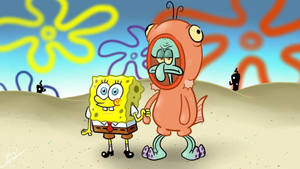 Cute Spongebob And Annoyed Squidward Holding Hands Wallpaper