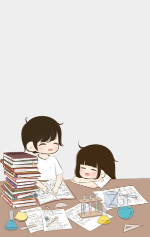 Cute Studying Cartoon Couple Wallpaper