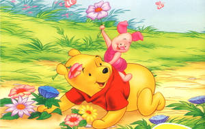 Cute Winnie The Pooh Picking Flowers Wallpaper