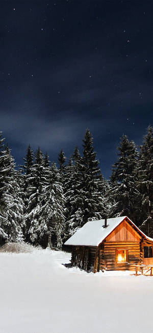 Cute Winter Iphone Cabin In Forest Wallpaper