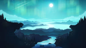 Cyan Northern Lights Landscape Wallpaper