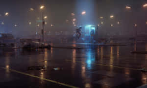 Cyberpunk Astronaut Open Area Parking Lot Wallpaper