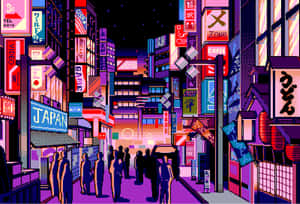 Cyberpunk Busy City Street Pixel Art Wallpaper