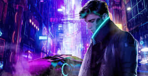 Cyberpunk Laptop With Guy In The Rain Wallpaper