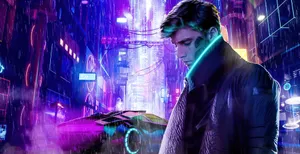 Cyberpunk Laptop With Guy In The Rain Wallpaper