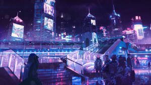 Cyberpunk Pink And Purple Neon City Wallpaper