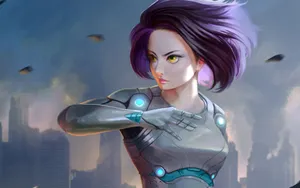 Cyborg Alita Battle Angel Purple Hair Wallpaper