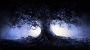 Dark Forest Giant Tree Monochrome Wallpaper