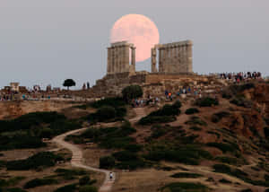 Dark Moon Over Ruins Sounion Wallpaper