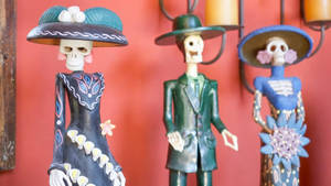 Dia De Los Muertos Three Skeletons Wide Hats Wallpaper