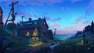 Digitally Painted Rural Village Scenery Wallpaper