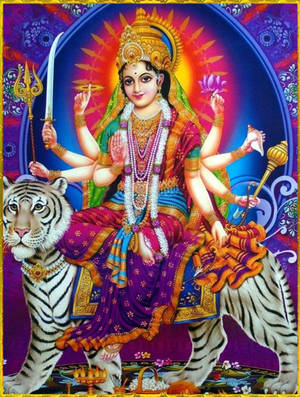 Divine Energy - Maa Sherawali Goddess Riding On A Majestic White Tiger Wallpaper