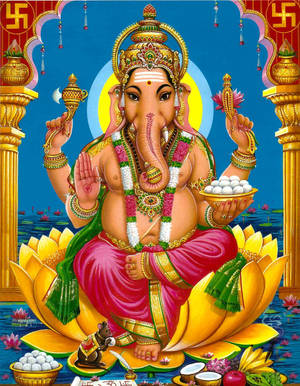 Divine Ganesha Receiving Offerings On Mobile Wallpaper
