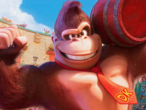 Donkey Kong In Action With Iconic Barrels And Platform Scene Wallpaper