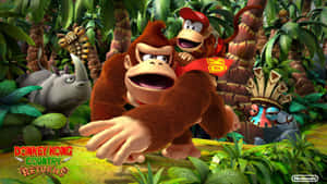 Donkey Kong In Action With Wooden Barrels Wallpaper
