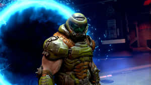 Doom - A Character In A Green Suit Standing In Front Of A Blue Light Wallpaper
