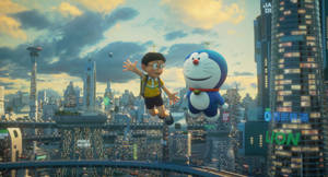 Doraemon And Nobita Futuristic City Wallpaper