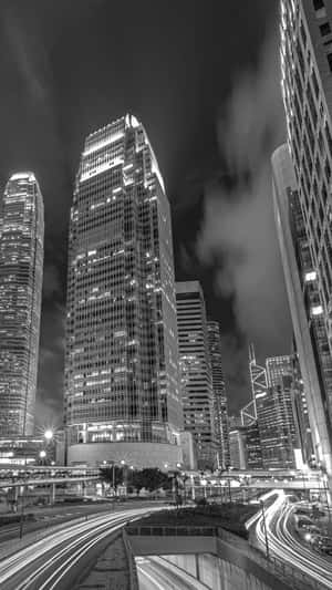 Downtown Skyscrapers Night Lights Monochrome Wallpaper