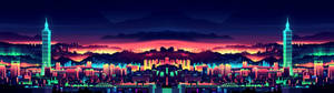 Dual Monitor Vaporwave City Wallpaper