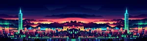 Dual Monitor Vaporwave City Wallpaper