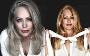 Dual Portrait Blonde Woman White Blouse Wallpaper