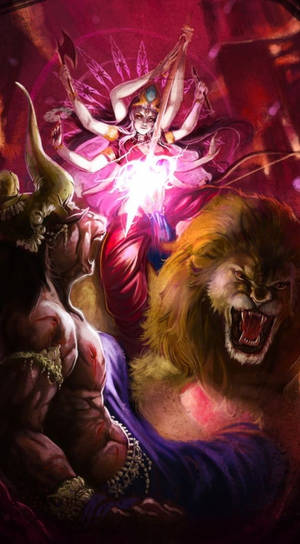 Durga Devi Executing The Demon Mahishasura Wallpaper