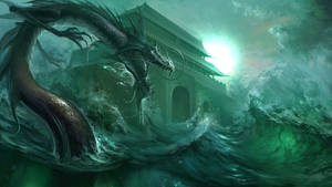 Eastern Dragon Raging Waves Wallpaper
