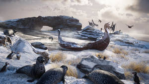 Eivor Exploring A Frozen Island In Assassin's Creed Valhalla Wallpaper