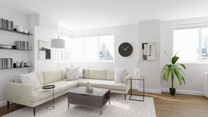 Elegant And Minimalist Living Room With Long White Corner Sofa Wallpaper