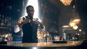 Elegant Bartender Adjusting Tie Wallpaper