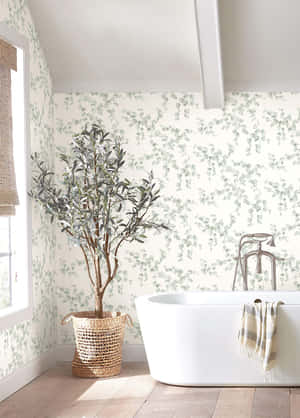 Elegant Bathroomwith Vine Wallpaperand Freestanding Tub Wallpaper