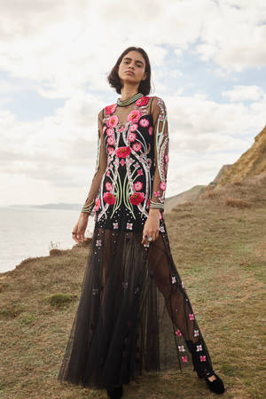 Elegant Temperley London Black Dress With Floral Embroidery Wallpaper