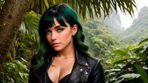 Emerald Haired Womanin Leather Jacket Wallpaper