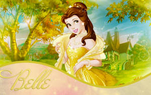 Enchanting Princess Belle In Elegant Yellow Gown Wallpaper