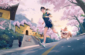 Enjoying Jogging Activities Dog And Girl Wallpaper