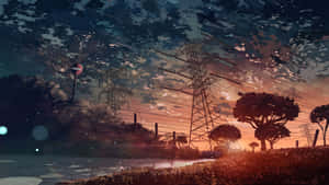 Enjoying The Beauty Of Anime Sunset Wallpaper