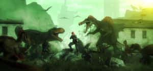 Epic Dinosaur Battle Scene Wallpaper