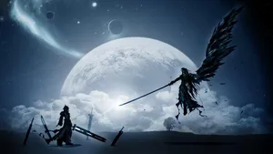 Epic Fantasy Battle Under Giant Moon Wallpaper