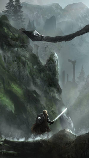 Epic Skyrim Warrior Wielding A Sword On Iphone Background Wallpaper