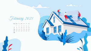 February 2021 Calendar With People On The Roof Wallpaper