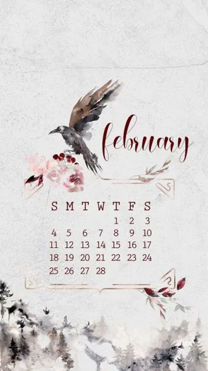 February Calendar Watercolor Perched Bird Wallpaper