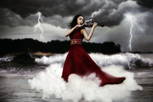 Female Violinist Lightning Fantasy Art Wallpaper