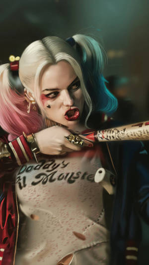 Fierce Art Of Harley Quinn On Phone Screen Wallpaper