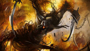 Fierce Monster Wielding Dual Blades Against A Fiery Background Wallpaper