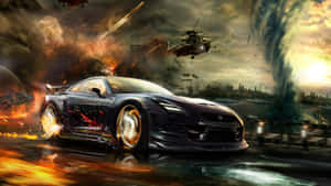 Fiery Speed: A Stunning Image Of A Car Engulfed In Flames Wallpaper