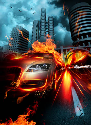 Fire Car Driving In Gloomy City Wallpaper